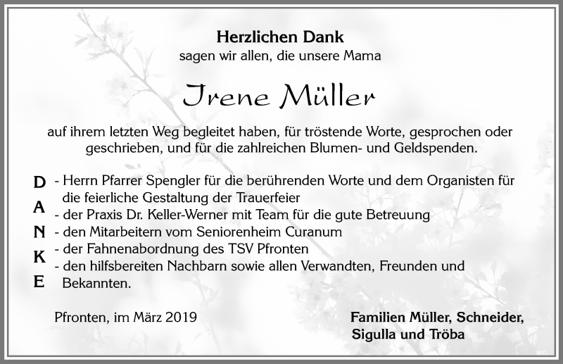  Traueranzeige für Irene Müller vom 25.03.2019 aus Allgäuer Zeitung, Füssen