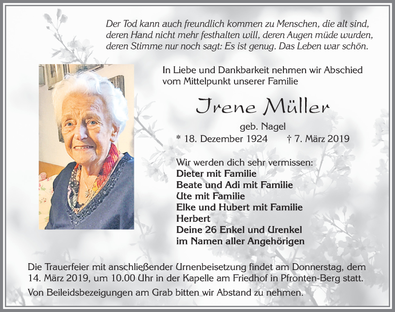  Traueranzeige für Irene Müller vom 11.03.2019 aus Allgäuer Zeitung, Füssen