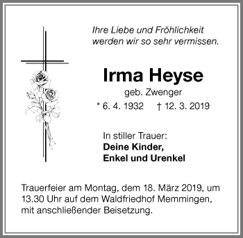 Traueranzeige von Irma Heyse von Memminger Zeitung