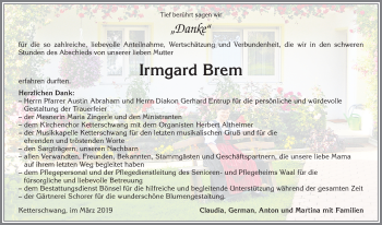 Traueranzeige von Irmgard Brem von Allgäuer Zeitung, Kaufbeuren/Buchloe