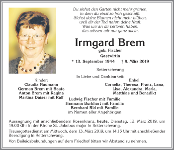Traueranzeige von Irmgard Brem von Allgäuer Zeitung, Kaufbeuren/Buchloe