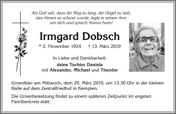 Traueranzeige von Irmgard Dobsch von Allgäuer Zeitung,Kempten