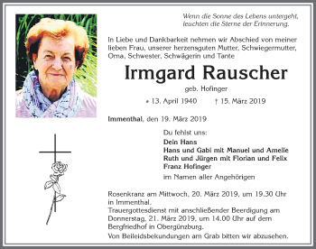 Traueranzeige von Irmgard Rauscher von Allgäuer Zeitung, Marktoberdorf