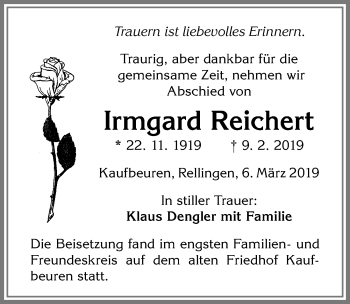 Traueranzeige von Irmgard Reichert von Allgäuer Zeitung, Kaufbeuren/Buchloe