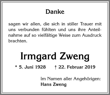 Traueranzeige von Irmgard Zweng von Allgäuer Zeitung, Füssen