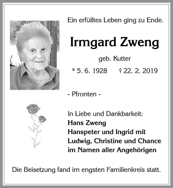 Traueranzeige von Irmgard Zweng von Allgäuer Zeitung, Füssen