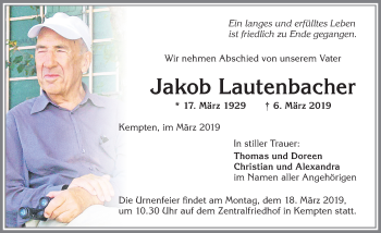 Traueranzeige von Jakob Lautenbacher von Allgäuer Zeitung,Kempten