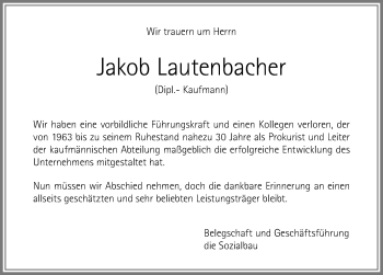 Traueranzeige von Jakob Lautenbacher von Allgäuer Zeitung,Kempten