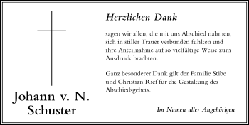 Traueranzeige von Johann Schuster von Der Westallgäuer