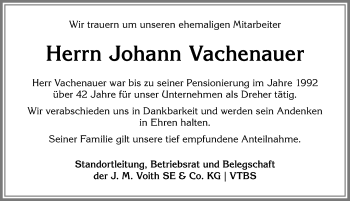 Traueranzeige von Johann Vachenauer von Allgäuer Anzeigeblatt