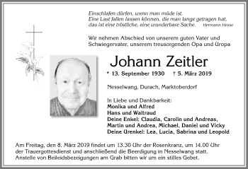 Traueranzeige von Johann Zeltler von Allgäuer Zeitung, Füssen