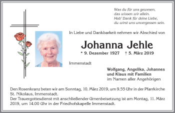 Traueranzeige von Johanna Jehle von Allgäuer Anzeigeblatt