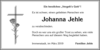 Traueranzeige von Johanna Jehle von Allgäuer Anzeigeblatt