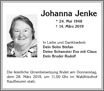 Traueranzeige von Johanna Jenke von Allgäuer Zeitung, Kaufbeuren/Buchloe