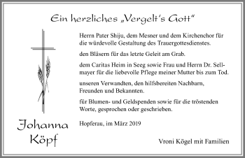 Traueranzeige von Johanna Köpf von Allgäuer Zeitung, Füssen