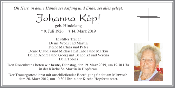 Traueranzeige von Johanna Köpf von Allgäuer Zeitung, Füssen