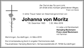 Traueranzeige von Johanna von Moritz von Memminger Zeitung