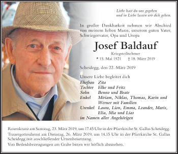 Traueranzeige von Josef Baldauf von Der Westallgäuer