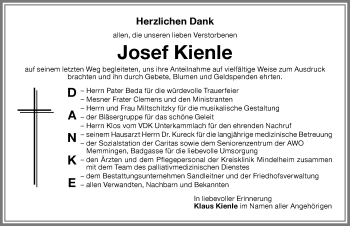Traueranzeige von Josef Kienle von Allgäuer Zeitung