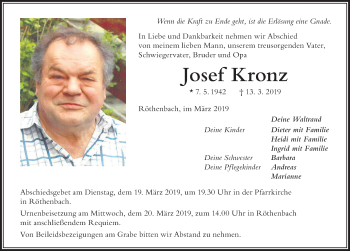 Traueranzeige von Josef Kronz von Der Westallgäuer