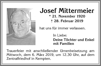 Traueranzeige von Josef Mittermeier von Allgäuer Zeitung,Kempten