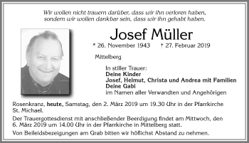 Traueranzeige von Josef Müller von Allgäuer Zeitung,Kempten