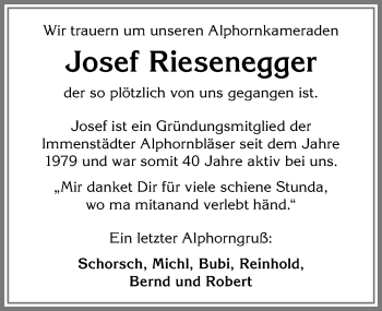 Traueranzeige von Josef Riesenegger von Allgäuer Anzeigeblatt
