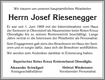 Traueranzeige von Josef Riesenegger von Allgäuer Anzeigeblatt