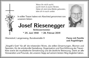 Traueranzeige von Josef Riesenegger von Allgäuer Anzeigeblatt