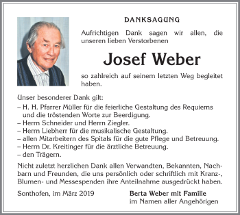 Traueranzeige von Josef Weber von Allgäuer Anzeigeblatt