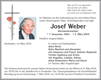 Traueranzeige von Josef Weber von Allgäuer Anzeigeblatt