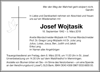Traueranzeige von Josef Wojtasik von Memminger Zeitung