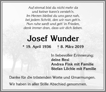 Traueranzeige von Josef Wunder von Allgäuer Anzeigeblatt