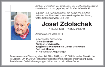 Traueranzeige von Josef Zdolschek von Memminger Zeitung