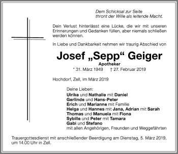 Traueranzeige von Josef Sepp Geiger von Memminger Zeitung
