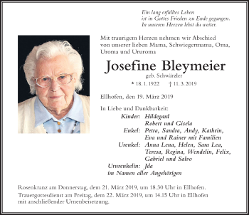 Traueranzeige von Josefine Bleymeier von Der Westallgäuer