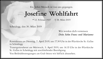 Traueranzeige von Josefine Wohlfahrt von Der Westallgäuer