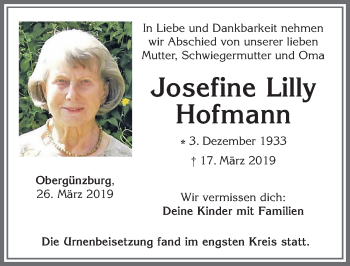 Traueranzeige von Josefine Lilly Hofmann von Allgäuer Zeitung, Marktoberdorf