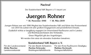 Traueranzeige von Juergen Rohner von Allgäuer Zeitung, Kaufbeuren/Buchloe