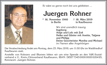 Traueranzeige von Juergen Rohner von Allgäuer Zeitung, Kaufbeuren/Buchloe