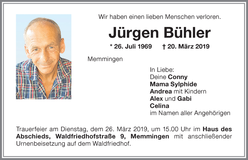  Traueranzeige für Jürgen Bühler vom 23.03.2019 aus Memminger Zeitung