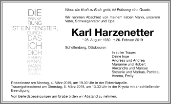 Traueranzeige von Karl Harzenetter von Memminger Zeitung