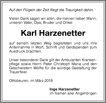 Traueranzeige von Karl Harzenetter von Memminger Zeitung