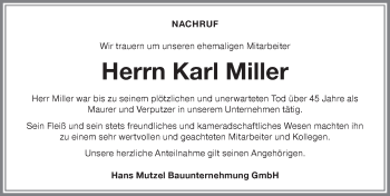 Traueranzeige von Karl Miller von Memminger Zeitung
