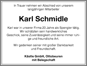 Traueranzeige von Karl Schmidle von Memminger Zeitung