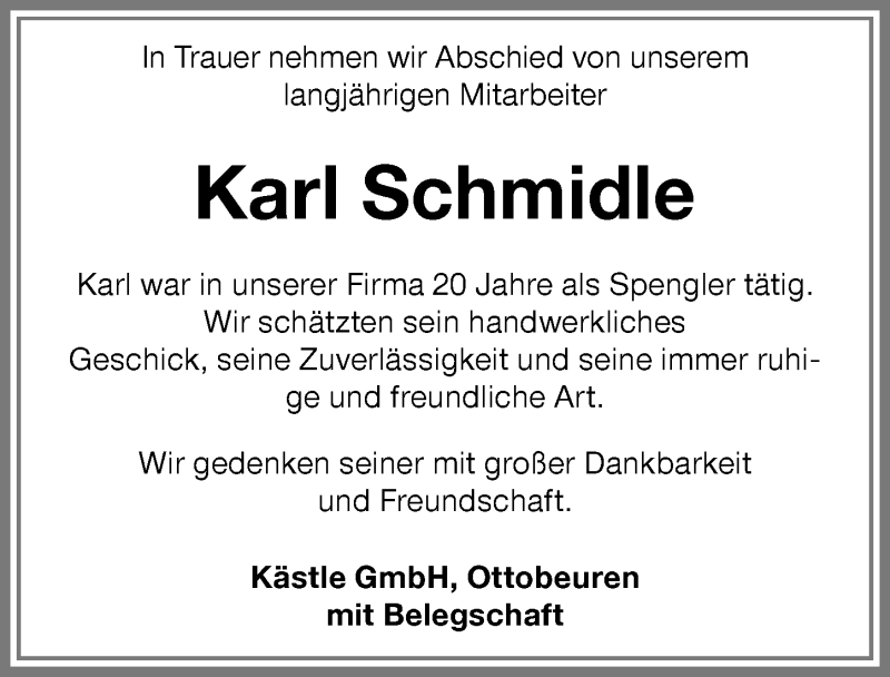  Traueranzeige für Karl Schmidle vom 15.03.2019 aus Memminger Zeitung