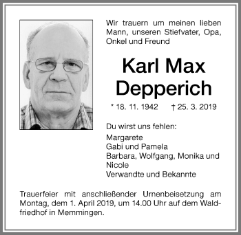 Traueranzeige von Karl Max Depperich von Memminger Zeitung