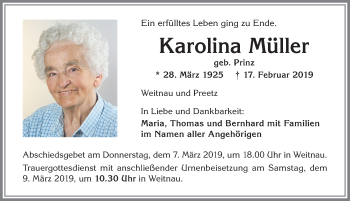 Traueranzeige von Karolina Müller von Allgäuer Zeitung,Kempten