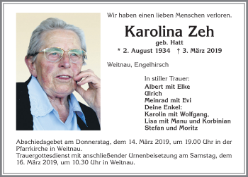 Traueranzeige von Karolina Zeh von Allgäuer Zeitung,Kempten