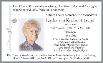 Traueranzeige von Katharina Krebentitscher von Allgäuer Zeitung, Füssen